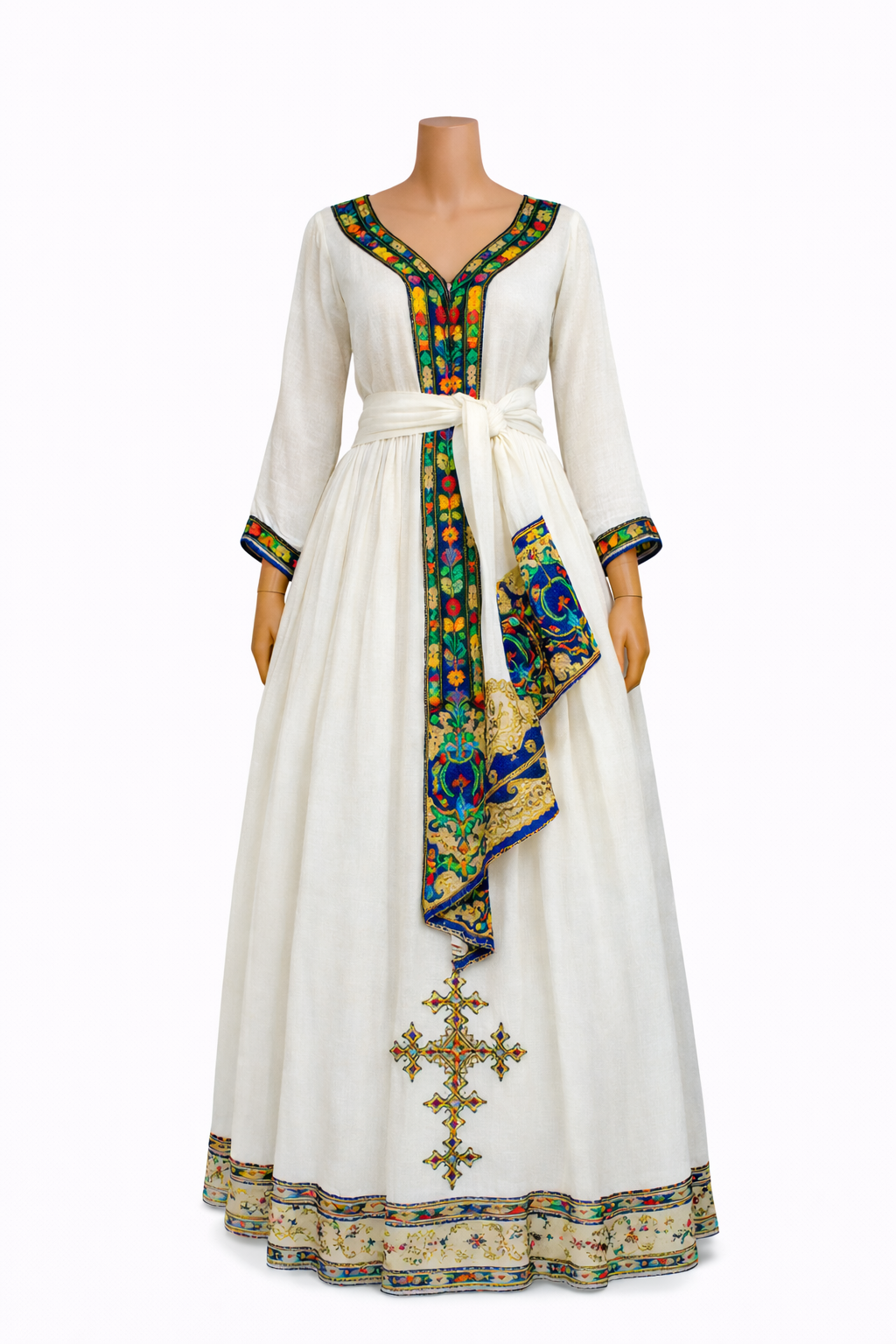 Habesha Traditional Dress — White Floral Trim with Sash (Cross Detail)