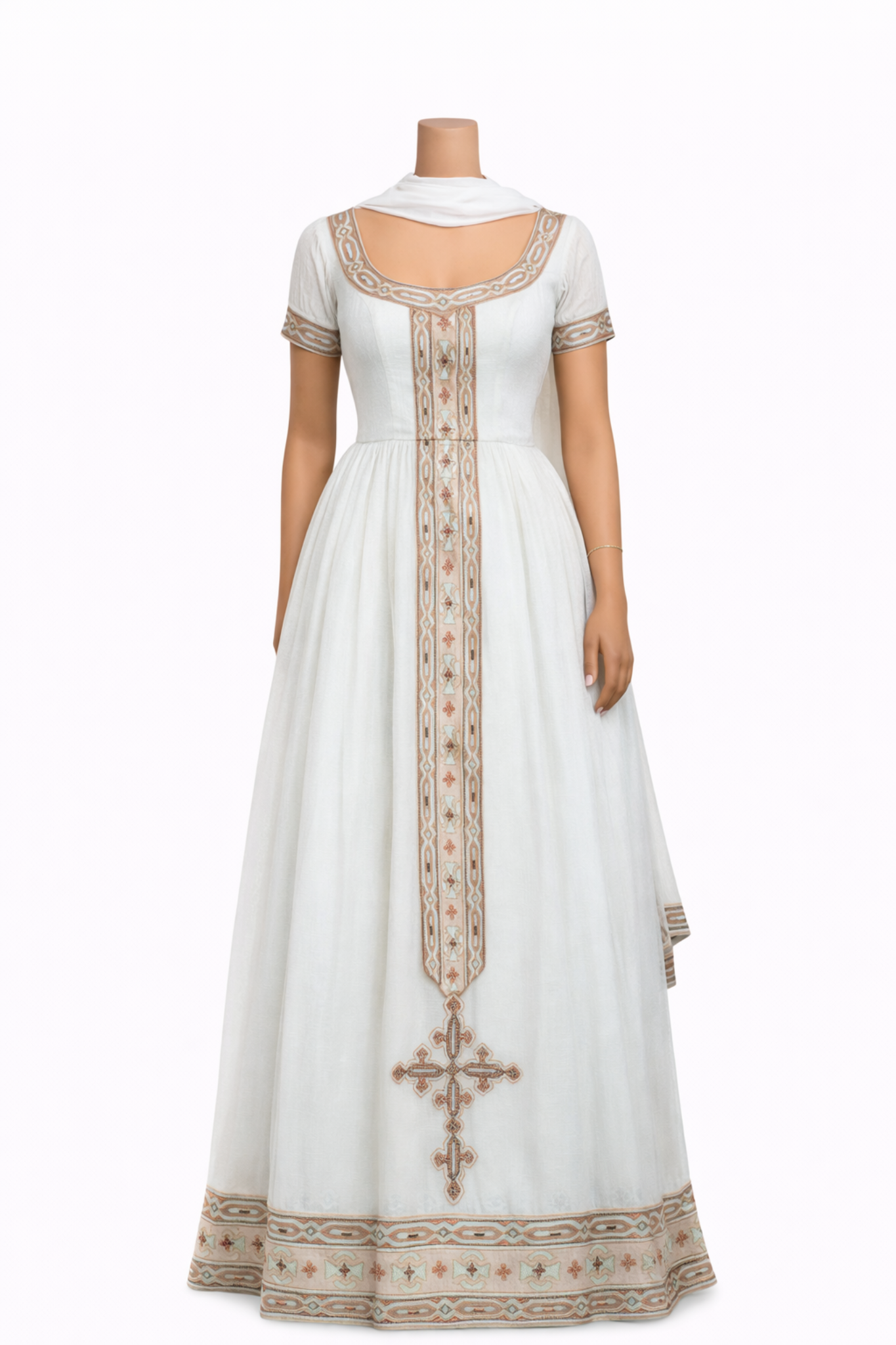 Habesha Traditional Dress — White & Sand Embroidered Panel (Cross Detail)