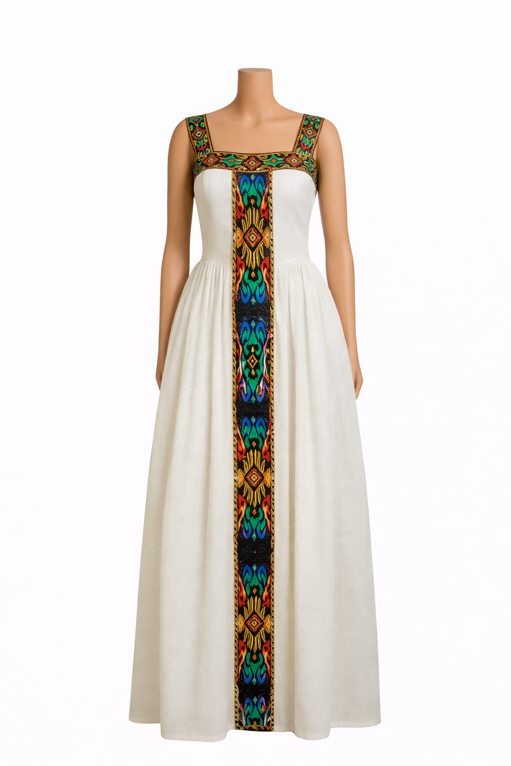 Habesha Traditional Dress — White Sleeveless with Bold Tribal Panel (Multicolor)