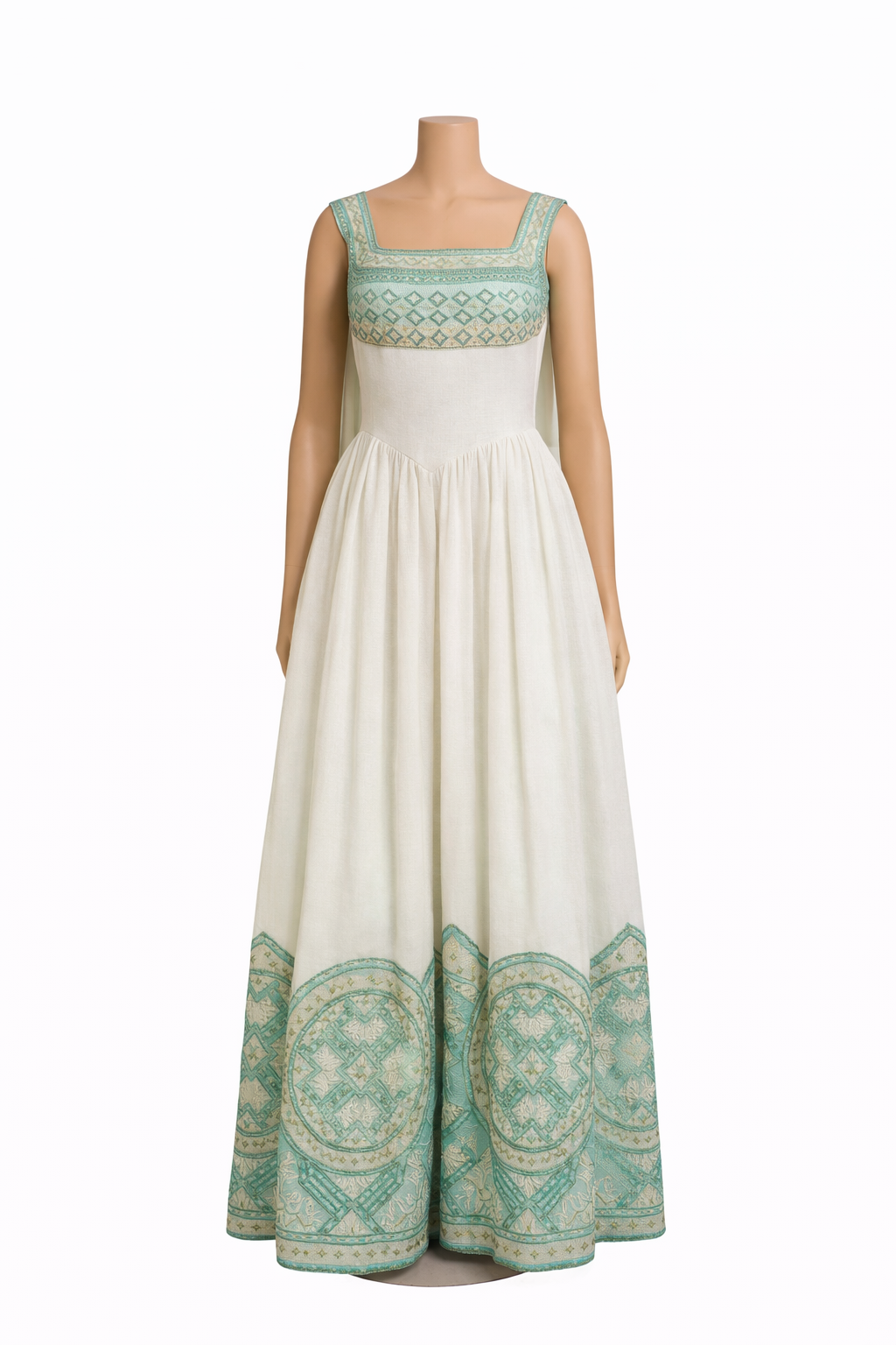 Habesha Traditional Dress — Ivory & Mint Geometric Border Gown