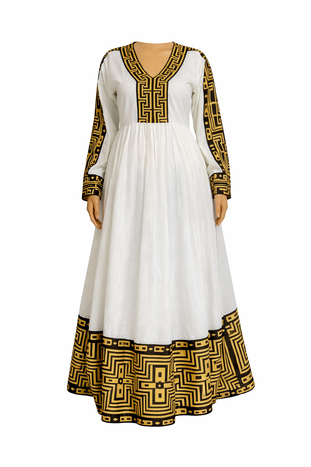Habesha Traditional Dress — Ivory & Black-Gold Geometric Trim (Long Sleeve)